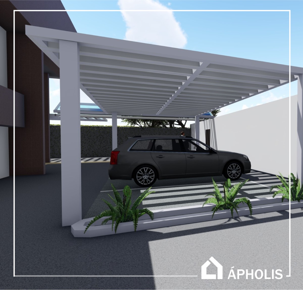 Projeto de garagem com telhado de policarbonato, combinando leveza e funcionalidade. Uma solução moderna e resistente, que proporciona proteção ao veículo sem abrir mão de um design elegante e iluminação natural.